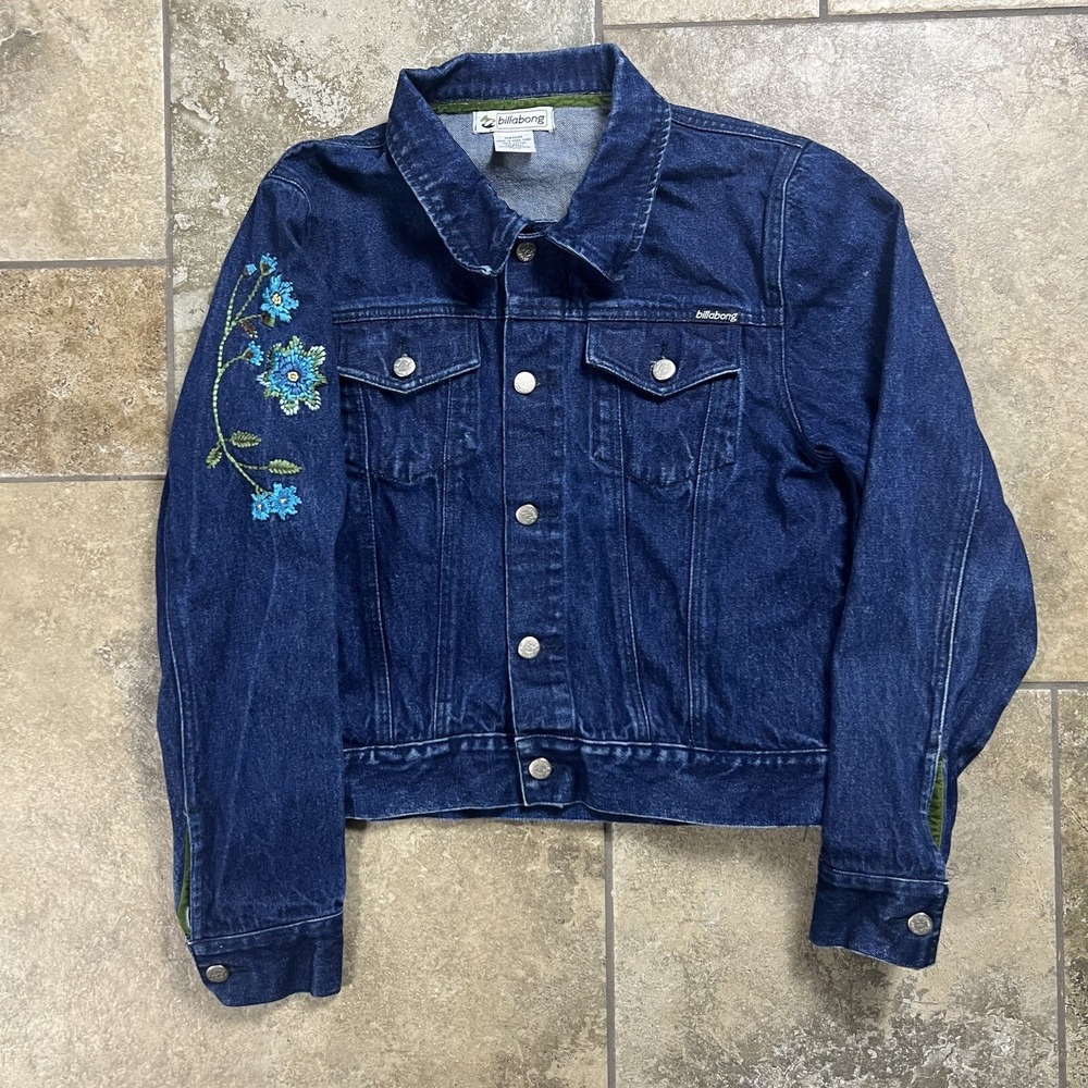 Vintage Y2K Billabong Jean Jacket Women L‎ Denim Trucker Flower Flower Western